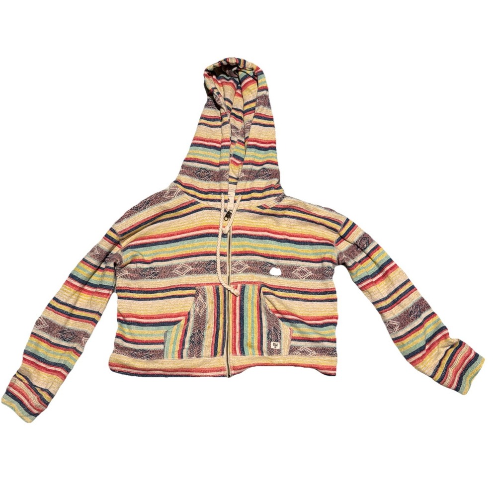 BILLA BONG Cropped Hoodie Zip Up Hooded Sweatshirt Striped Pockets Women's S